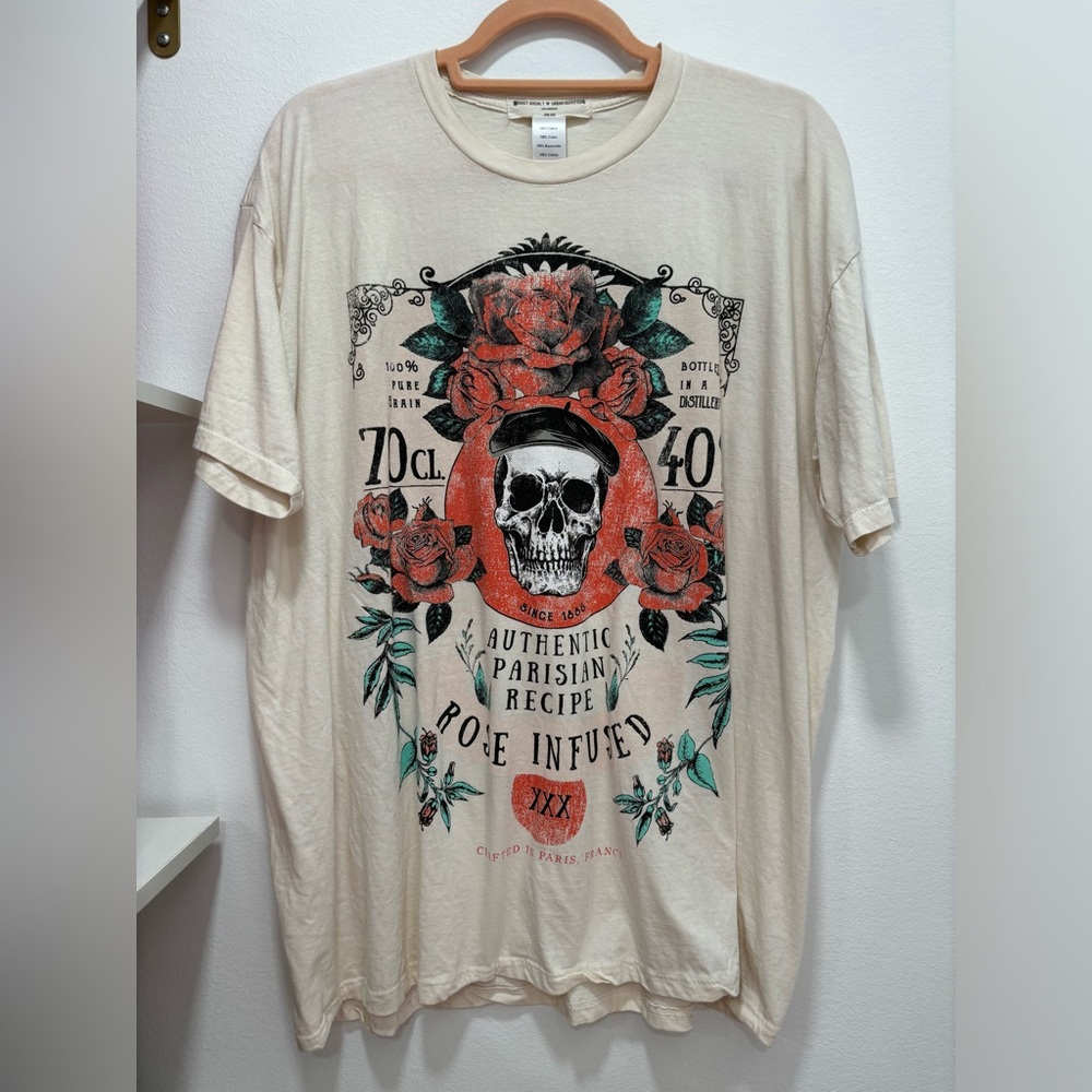 Project Social T x Urban Outfitters white Tshirt with skull and roses on front
